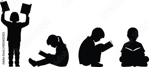 Silhouettes of children reading books in various poses, representing education, learning, literacy, imagination, childhood development, study habits, focus and academic growth