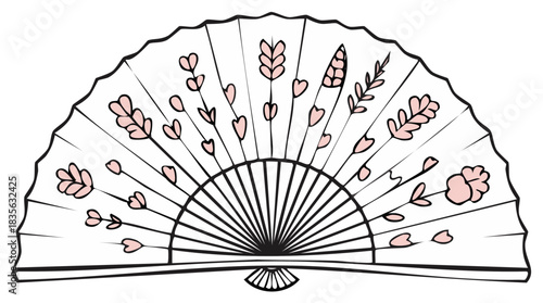 Hand drawn open folding fan with a cute pink heart and leaf pattern vector illustration