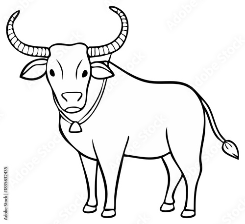 Outline drawing of a domestic water buffalo wearing a bell and collar