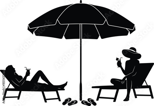 Silhouettes of couple relaxing on beach loungers under umbrella with drinks, summer vacation scene representing leisure, travel lifestyle, tropical holiday and relaxation