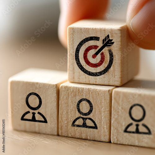 Wooden blocks show user icons and a target with an arrow, representing marketing targeting, audience segmentation, and customer focus in business strategy.
