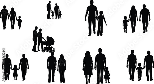 Silhouettes of families walking together with children and stroller, representing parenting, togetherness, love, support, unity, childhood, family lifestyle and bonding moments