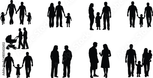 Silhouettes of families walking together, parents holding children’s hands, strolling with stroller, depicting unity, parenting, love, support, bonding, childhood moments and family lifestyle