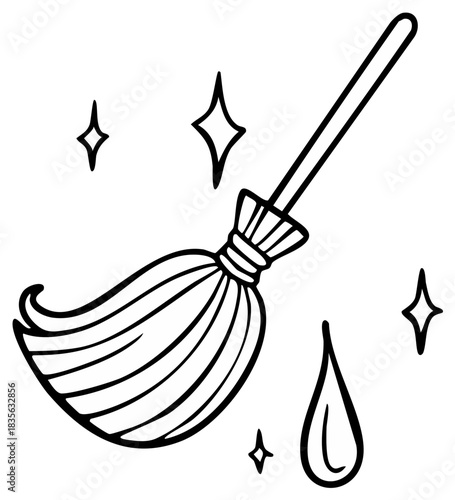 Outline Broom and Stars: Witchcraft Illustration for Halloween and Magic Concept