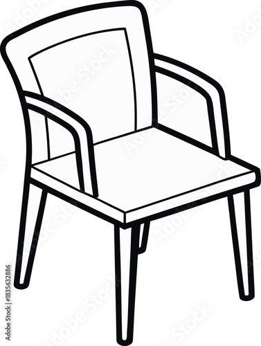 Black and White Line Drawing of Wooden Chair with Rectangular Backrest and Curved Armrests