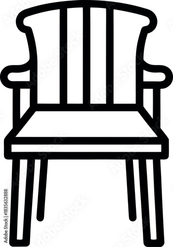 Front View Line Drawing of Traditional Wooden Chair with Vertical Slats and Curved Armrests