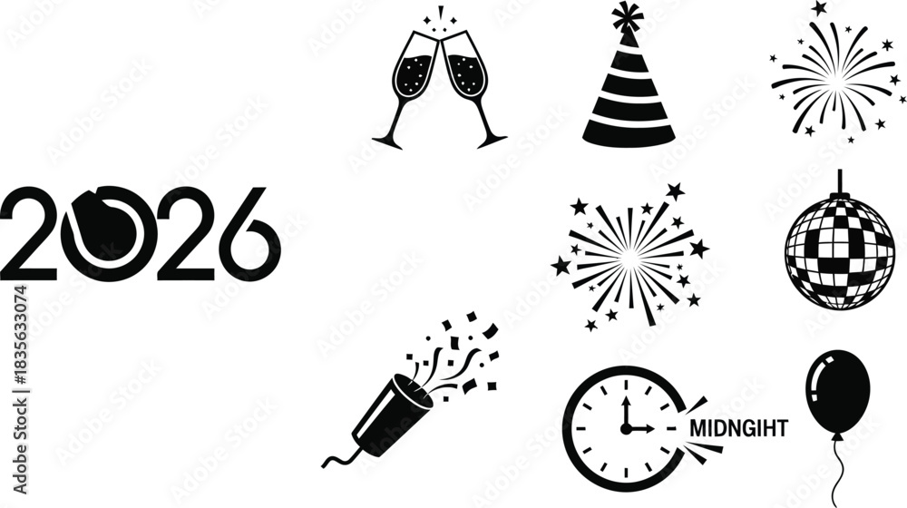 Fototapeta premium 2026 New Year's Eve celebration icons in black and white
