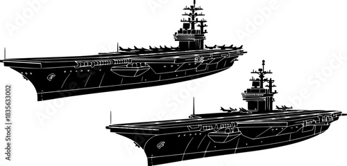 Set of 2 Aircraft Carrier Silhouette Vector Illustration Bundle isolated on white background.
