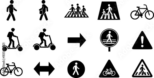 Pedestrian and cycling silhouette icon set. featuring walking, crosswalk, bicycle, scooter, direction, warning symbols
