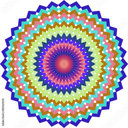 Colorful Geometric Mandala Design with Concentric Zigzag Patterns and Vibrant Hues for Creative Projects