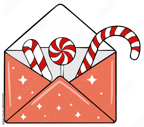 Christmas candy surprise in an opened envelope with sparkles