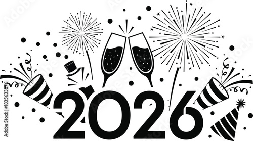 2026 new year celebration with champagne and fireworks illustration