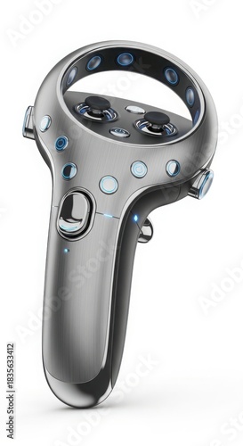 VR Hand Controller with Glowing Blue Accents on White