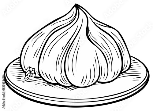 Whole garlic bulb on a round plate, a hand-drawn black and white line art illustration of a pungent cooking ingredient