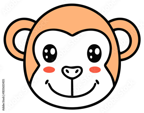 Cute monkey face cartoon illustration. Adorable smiling primate animal head in a simple flat design.