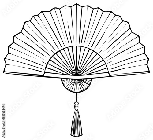 Traditional open folding hand fan with pleated design and decorative tassel in line art style
