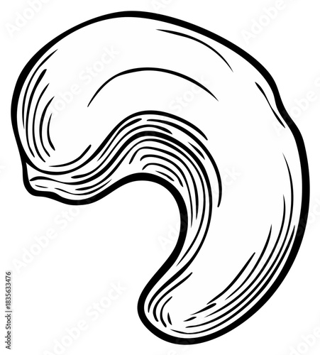 Engraved cashew nut illustration, detailed black and white vector drawing of a single seed, decorative monochrome etching of food ingredient