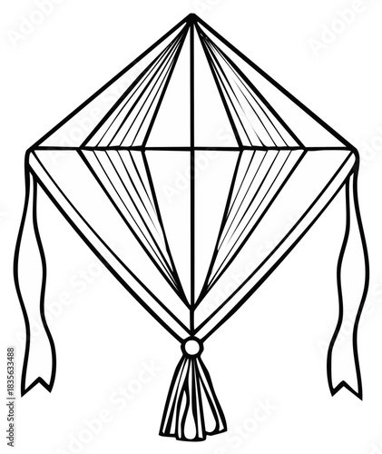 Classic diamond shaped kite with ribbons and a tassel simple black and white line art illustration