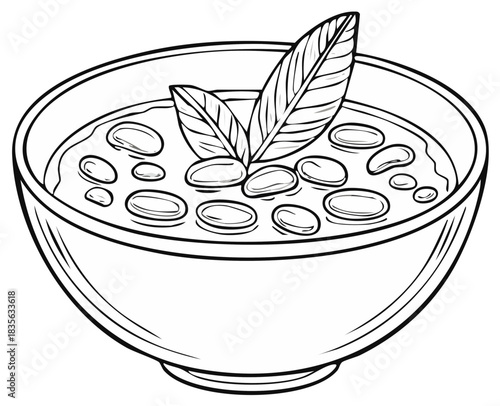 Bowl of soup with beans and leaves, monochrome illustration.