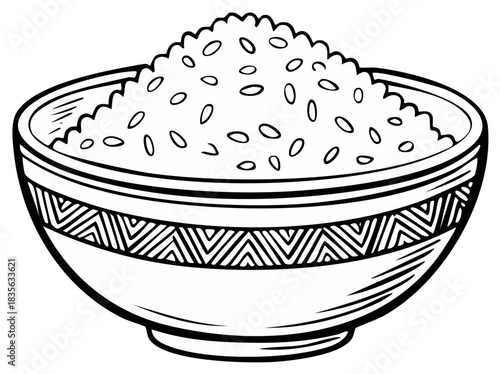 Black and white illustration of a decorative bowl overflowing with rice grains
