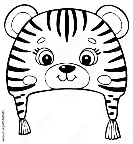 Cute cartoon tiger face winter hat with tassels black and white line art illustration