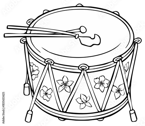 Black and white line art illustration of a decorated drum with drumsticks outline coloring page style drawing