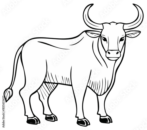 Illustration of a standing bull with large horns and muscular body