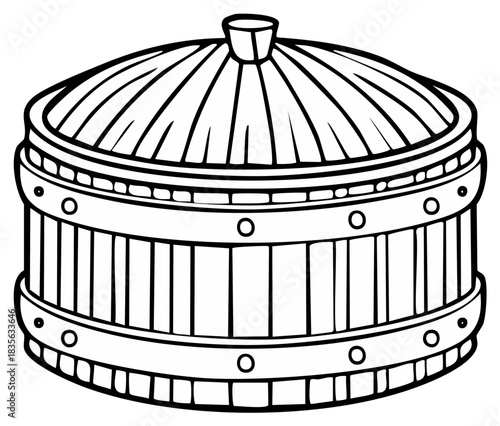 Black and white illustration of a wooden steamer basket or container.