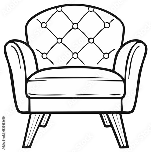 Black and white illustration of an armchair with a tufted backrest