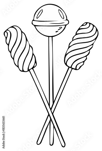 Three Assorted Lollipops and Swirl Marshmallow Treats on Sticks Hand Drawn Line Art