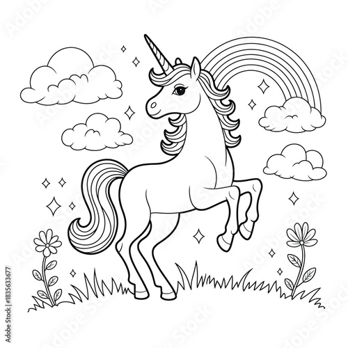 Enchanting unicorn prancing in a magical meadow with a rainbow overhead