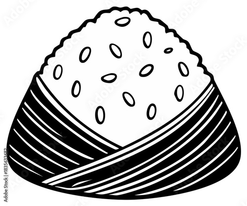 Stylized black and white illustration of a triangular rice ball with seaweed wrapper and sesame seeds