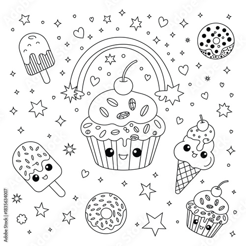 Sweet treat coloring page featuring cupcake ice cream donut and rainbow