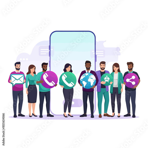 Diverse Team Connecting Through Mobile App with Communication Icons.