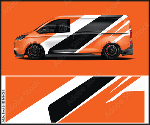 Orange van with black and white stripes vehicle wrap design concept
