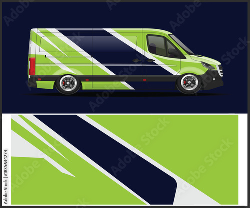 Modern van wrap design with geometric shapes and bright green accents