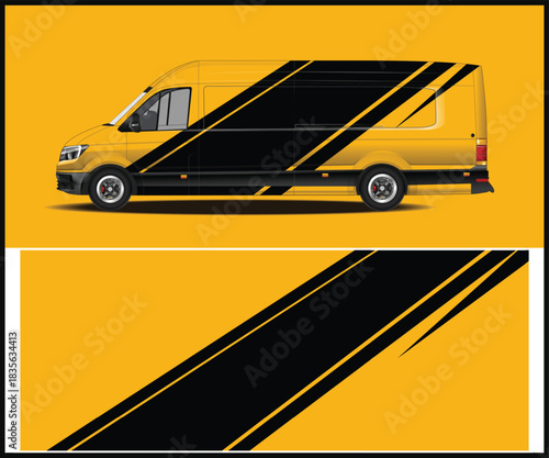 Yellow van with black stripes graphic design for vehicle wrap and branding
