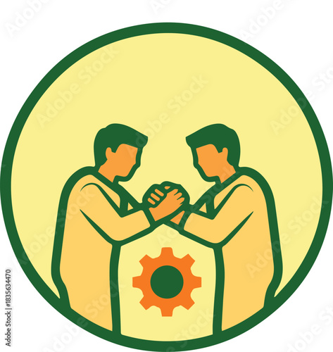 Two people arm wrestling with a gear icon symbolizing teamwork