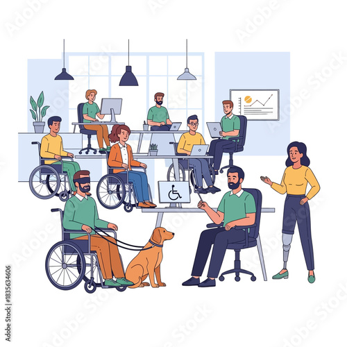 Inclusive Workplace - Diverse Team Members Working Together in an Accessible Office.
