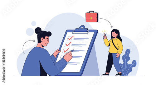 Human resources concept with a manager reviewing a candidate's resume on a large clipboard, while the applicant waits nearby.
