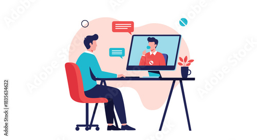 Man sitting at a desk engaged in a professional video conference call with a colleague on his desktop computer at home.