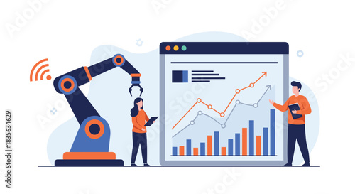 Business automation concept with a robotic arm and two professionals analyzing a large screen with growing financial data charts.
