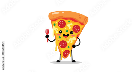 Cute and cheesy pepperoni pizza slice character with a happy face, standing and holding a small red fork, ready to be eaten.