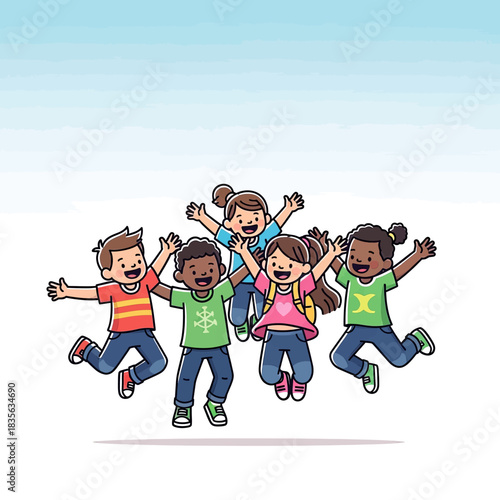 Joyful Children Jumping Together - A Celebration of Friendship and Fun.