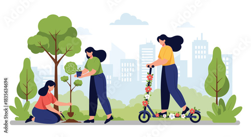 Ecology and green city concept with women planting trees and another woman riding a flower-decorated electric scooter in a park.