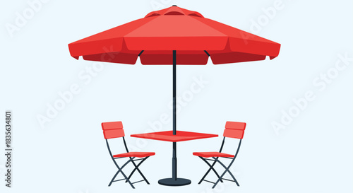 Outdoor cafe or patio furniture set with a bright red table, two chairs, and a large matching umbrella for shade.
