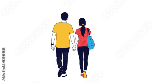 Rear view of a young couple in casual clothes walking together and holding hands, depicted in a simple line art style.
