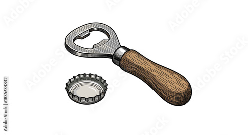 Vintage hand-drawn sketch of a bottle opener with a wooden handle next to a removed metal bottle cap, in a retro style.