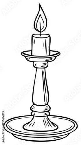 Classic burning candle in an ornate holder hand drawn doodle illustration vector graphic