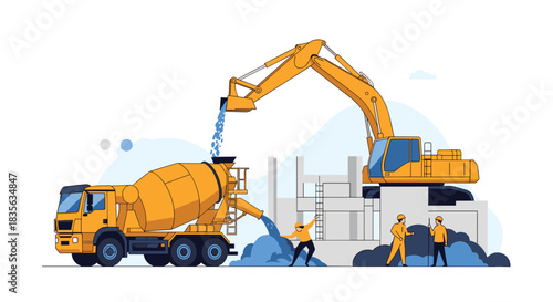 Construction site scene with a concrete mixer truck, an excavator pouring material, and workers, illustrating a building project.